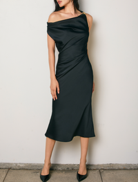 Dull Satin Off The Shoulder Ruched Midi Dress