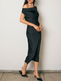 Dull Satin Off The Shoulder Ruched Midi Dress