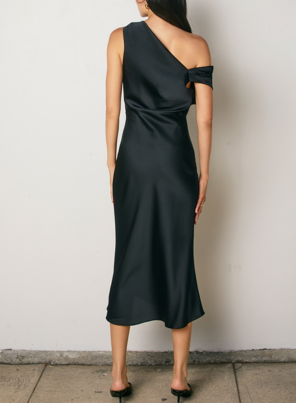 Dull Satin Off The Shoulder Ruched Midi Dress