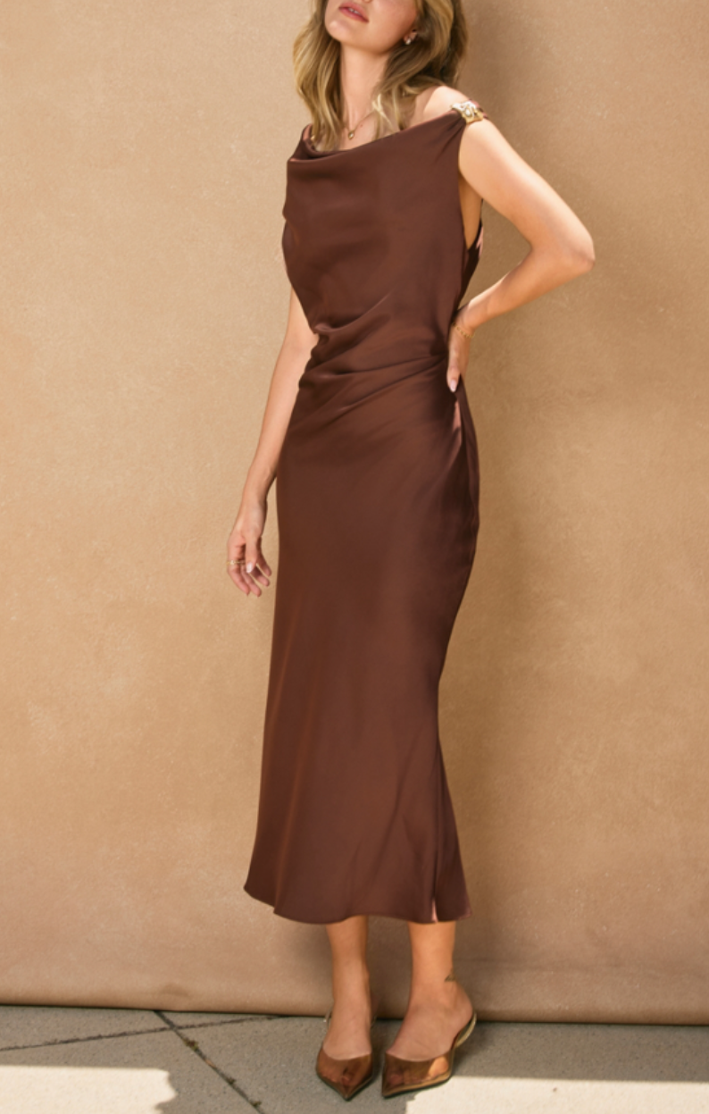 Dull Satin Off The Shoulder Ruched Midi Dress