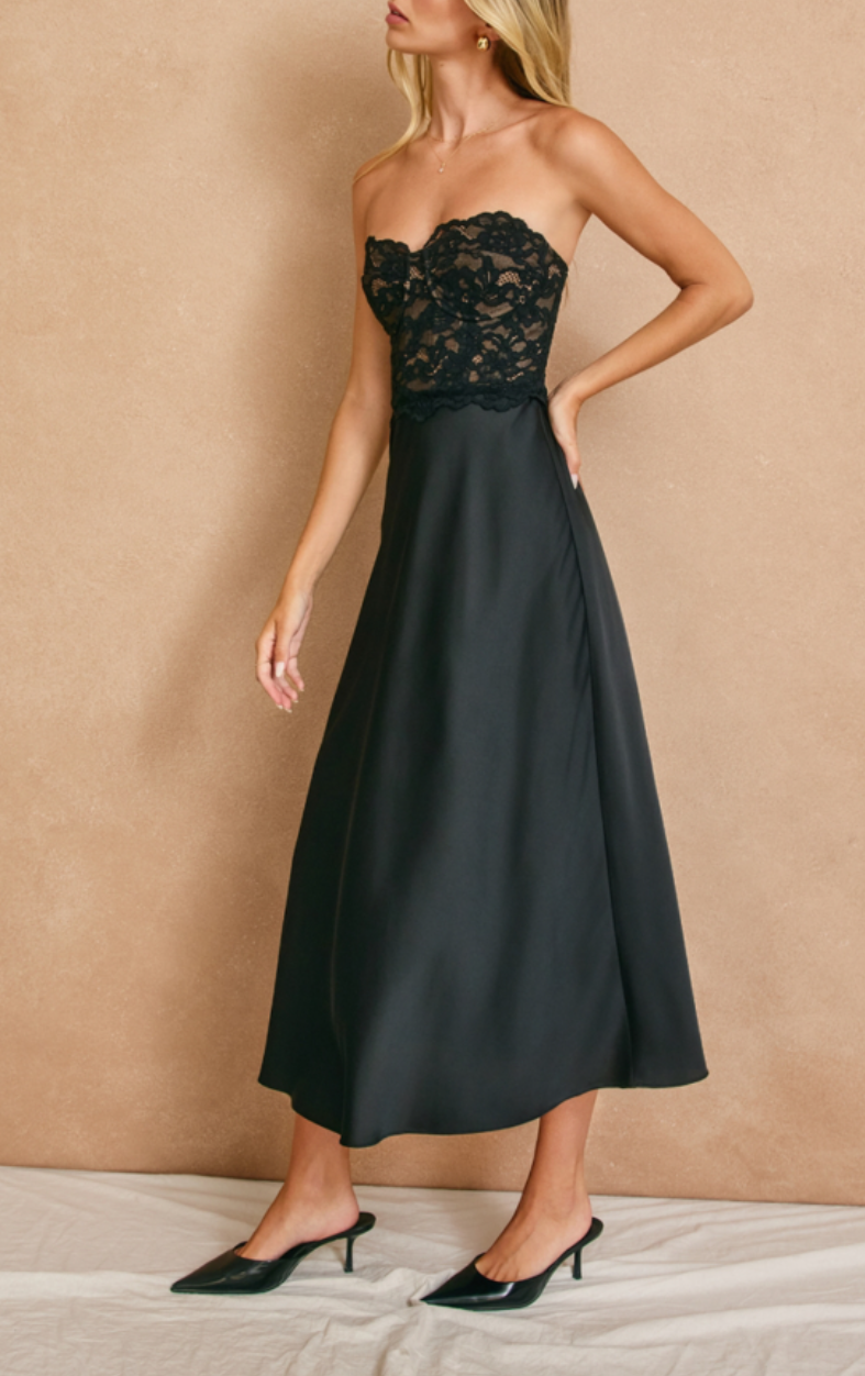 Convertible Lace and Satin Midi Dress Medium / Black