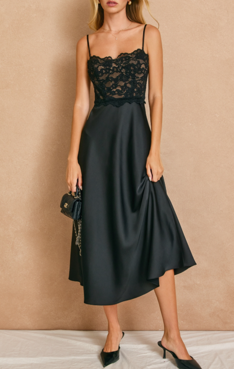 Convertible Lace and Satin Midi Dress