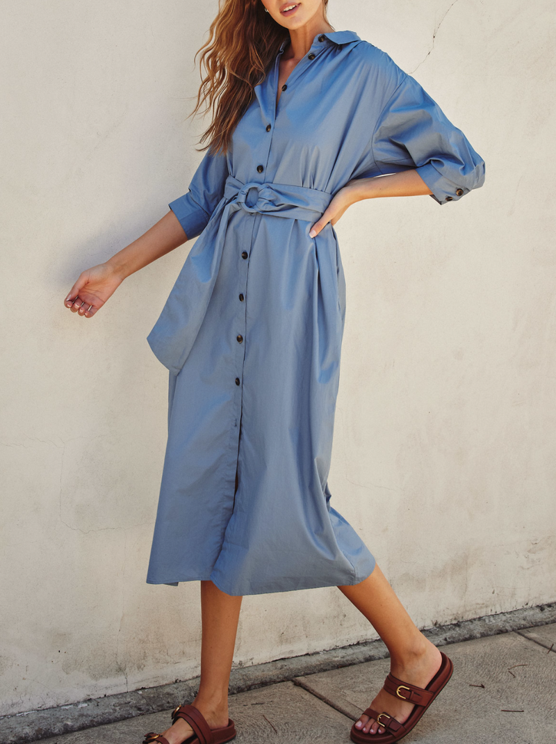 Cotton Poplin Buckled Belt Shirt Dress