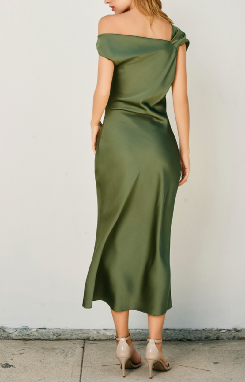Dull Satin Off The Shoulder Ruched Midi Dress – Azure & Lavender