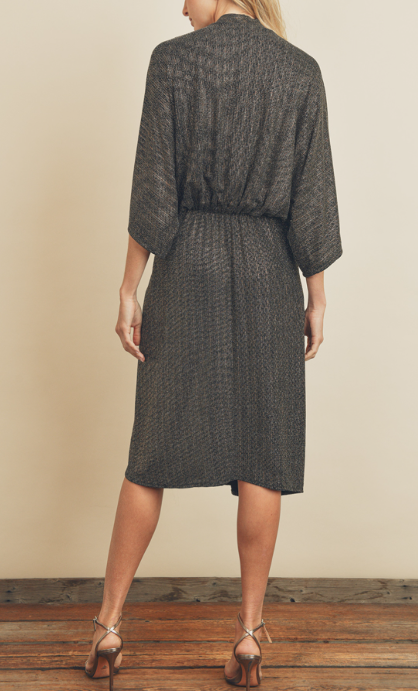 Metallic V-Neck Ruched Midi Dress