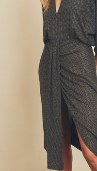 Metallic V-Neck Ruched Midi Dress