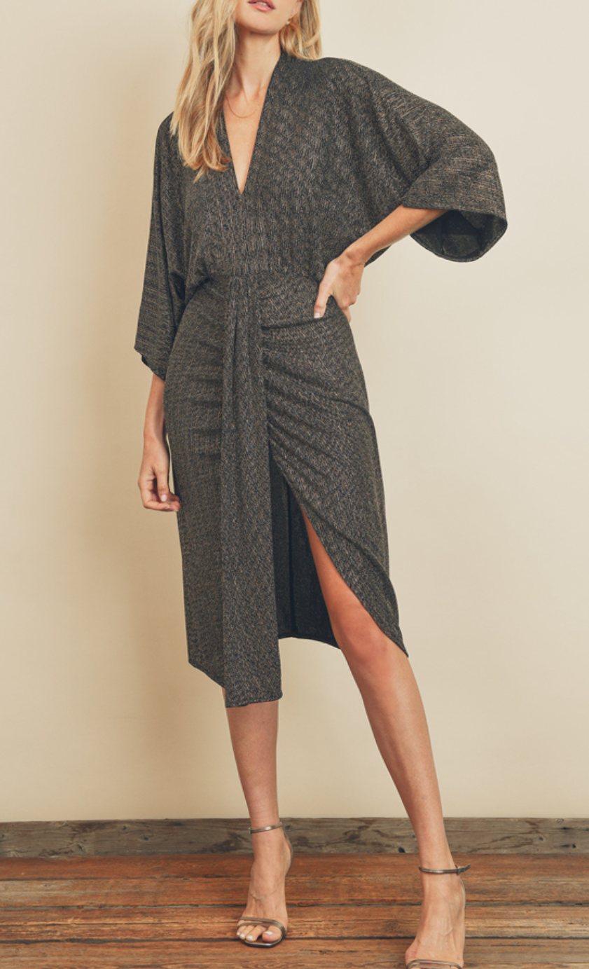 Metallic V-Neck Ruched Midi Dress