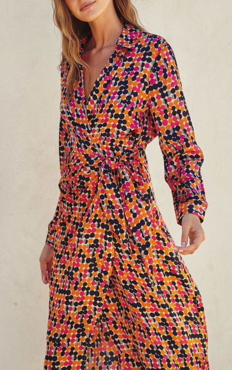 Geometric Print Shirt Dress in A Wrap Design Medium / Orange Geometric Print Shirt Dress in A Wrap Design Medium / Orange
