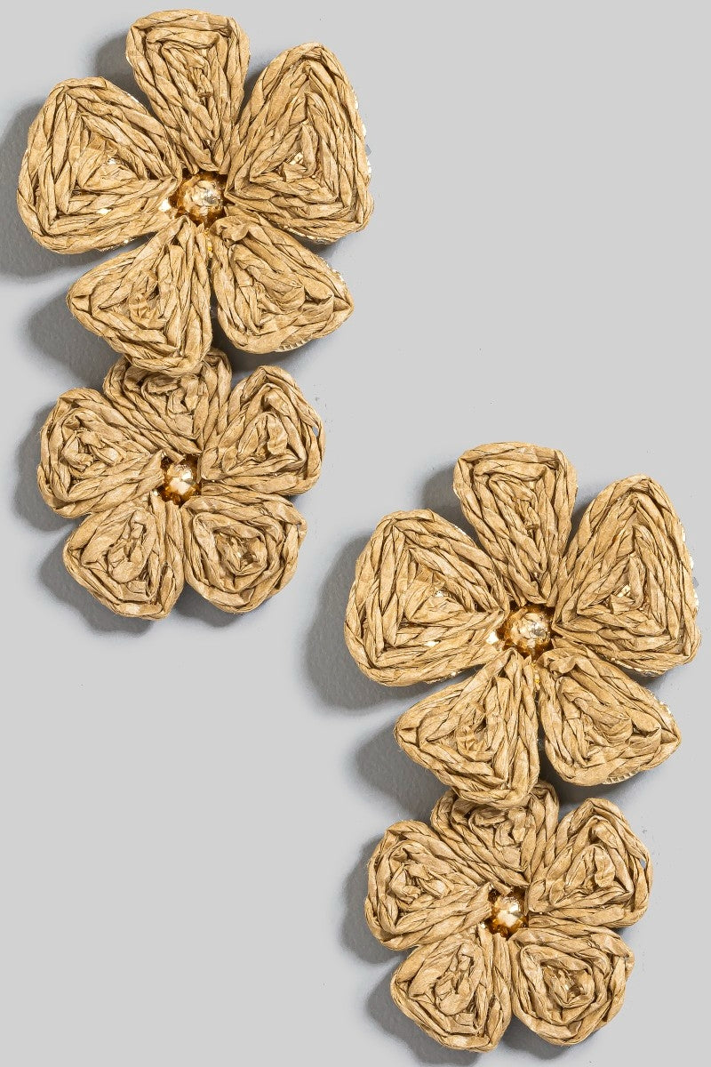 Double Straw Braided Flower Dangle Earrings
