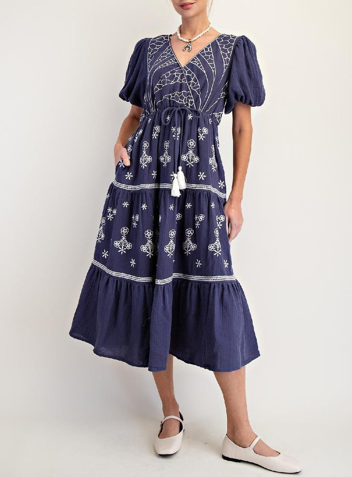 Embroidered Cotton Gauze Maxi Tiered Dress