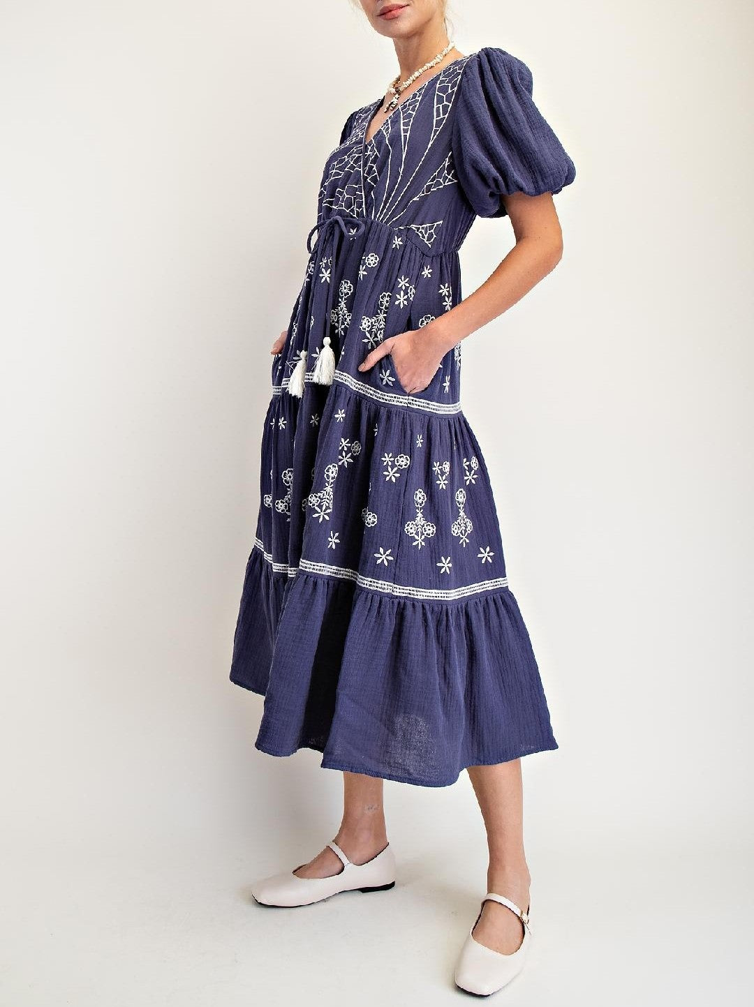 Embroidered Cotton Gauze Maxi Tiered Dress