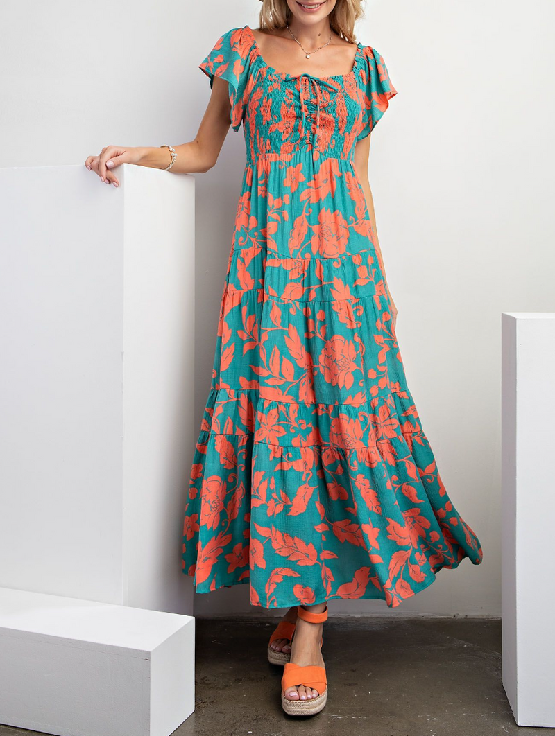Short Sleeve Printed Woven Maxi Dress