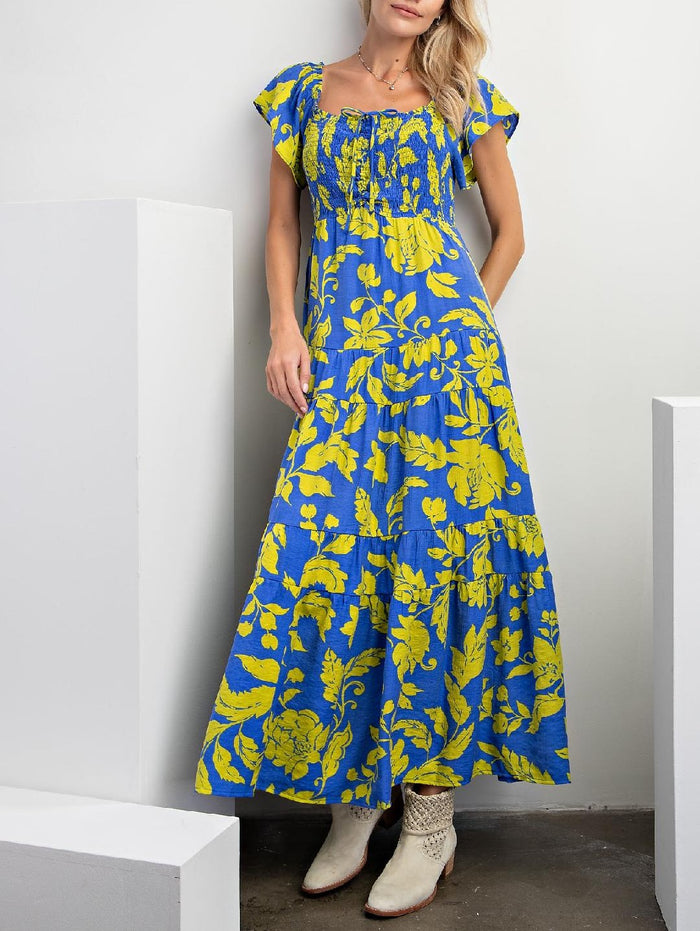 Short Sleeves Printed Woven Maxi Dress