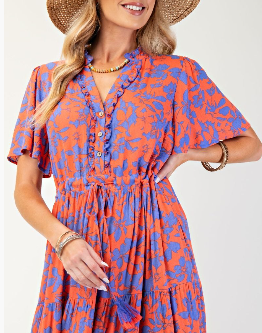 Wing Sleeves Floral Print Rayon Gauze Maxi Dress
