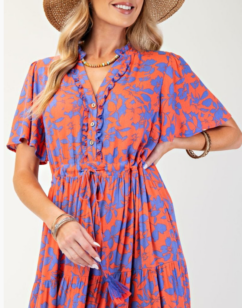 Wing Sleeves Floral Print Rayon Gauze Maxi Dress