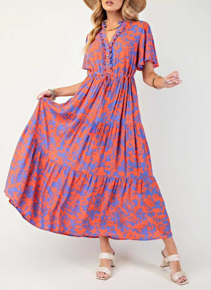 Wing Sleeves Floral Print Rayon Gauze Maxi Dress