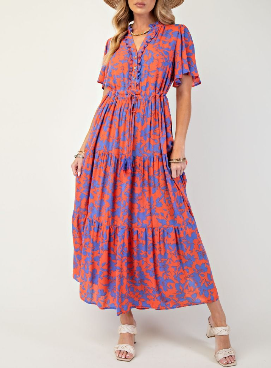Wing Sleeves Floral Print Rayon Gauze Maxi Dress