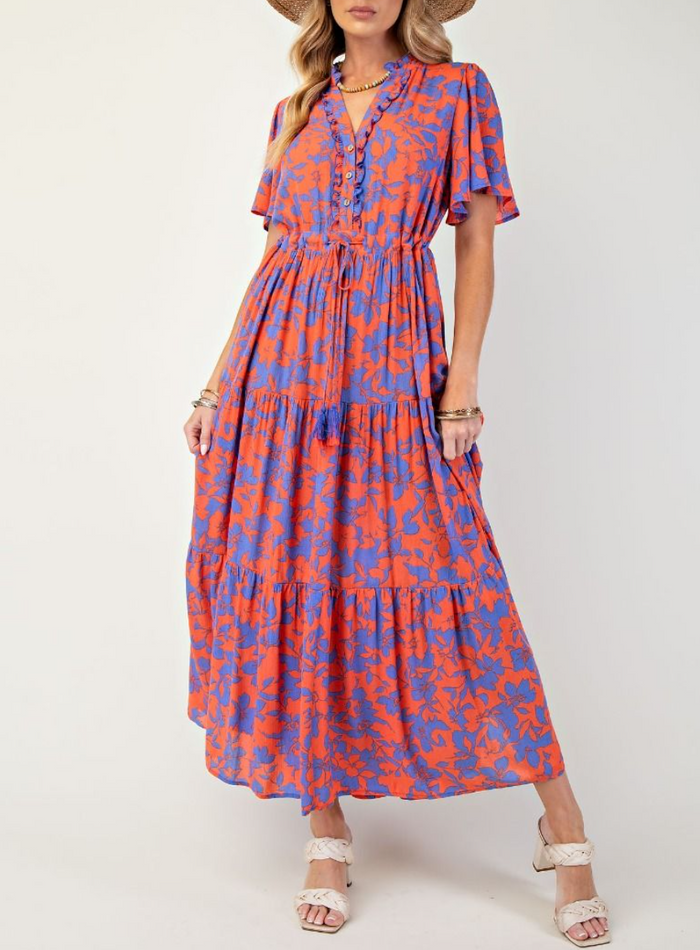 Wing Sleeves Floral Print Rayon Gauze Maxi Dress