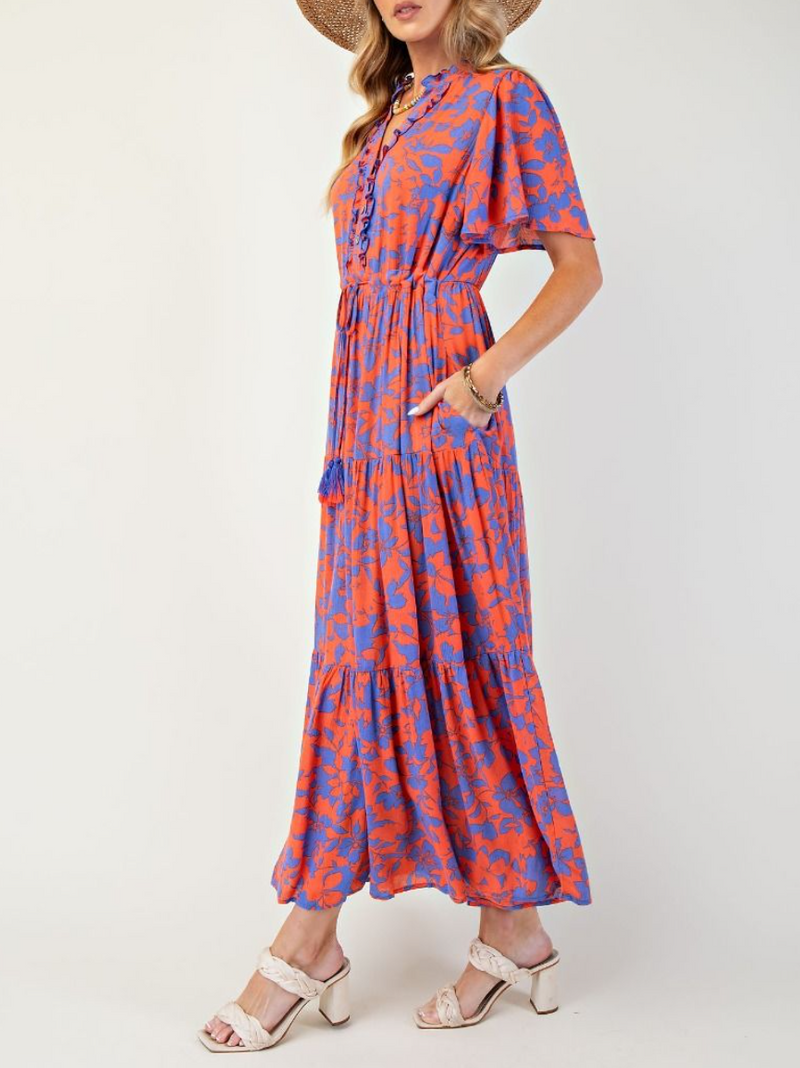 Wing Sleeves Floral Print Rayon Gauze Maxi Dress