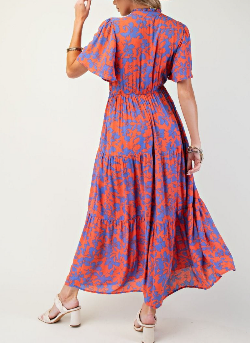 Wing Sleeves Floral Print Rayon Gauze Maxi Dress