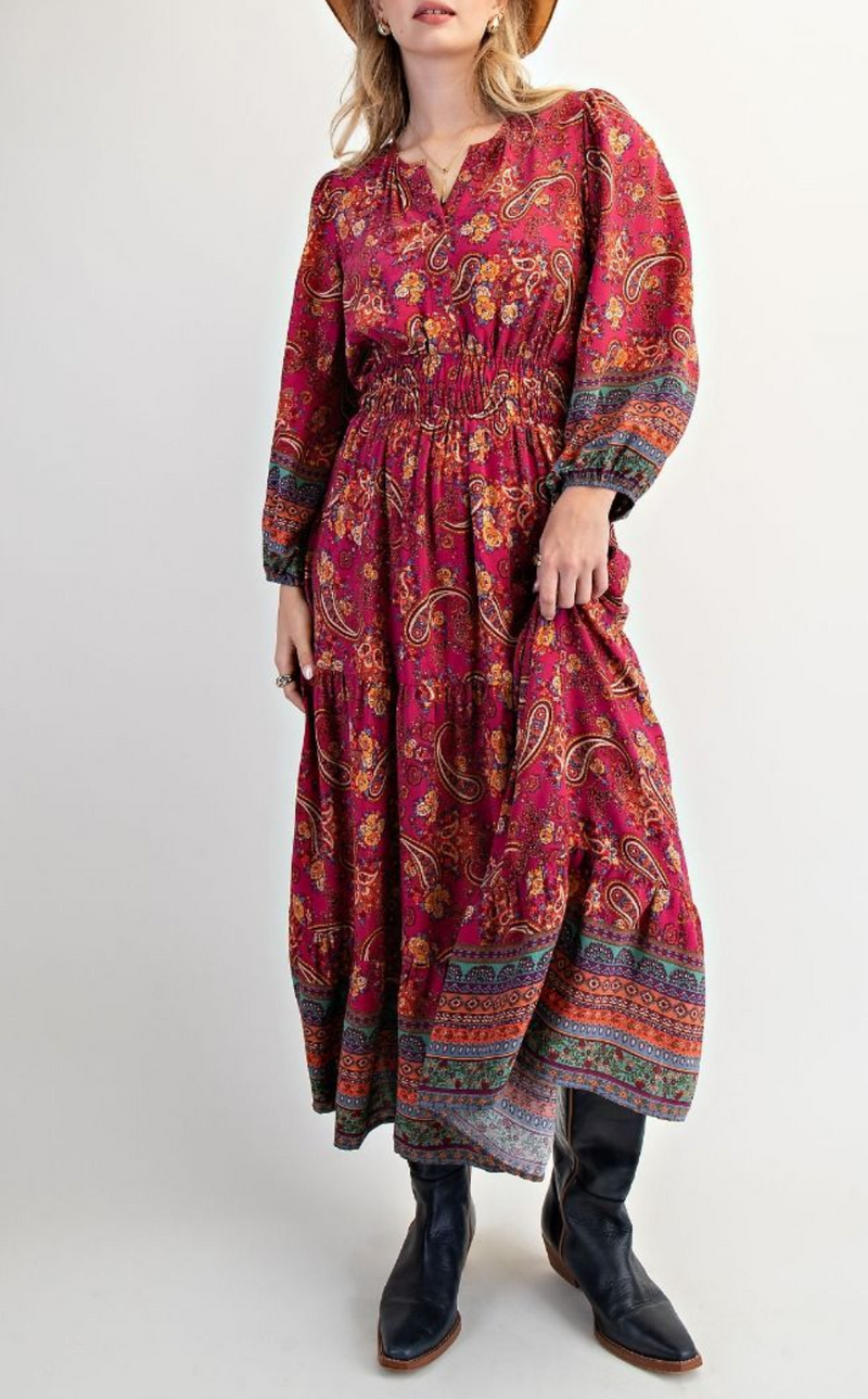 Border Printed Rayon Challis Maxi Dress