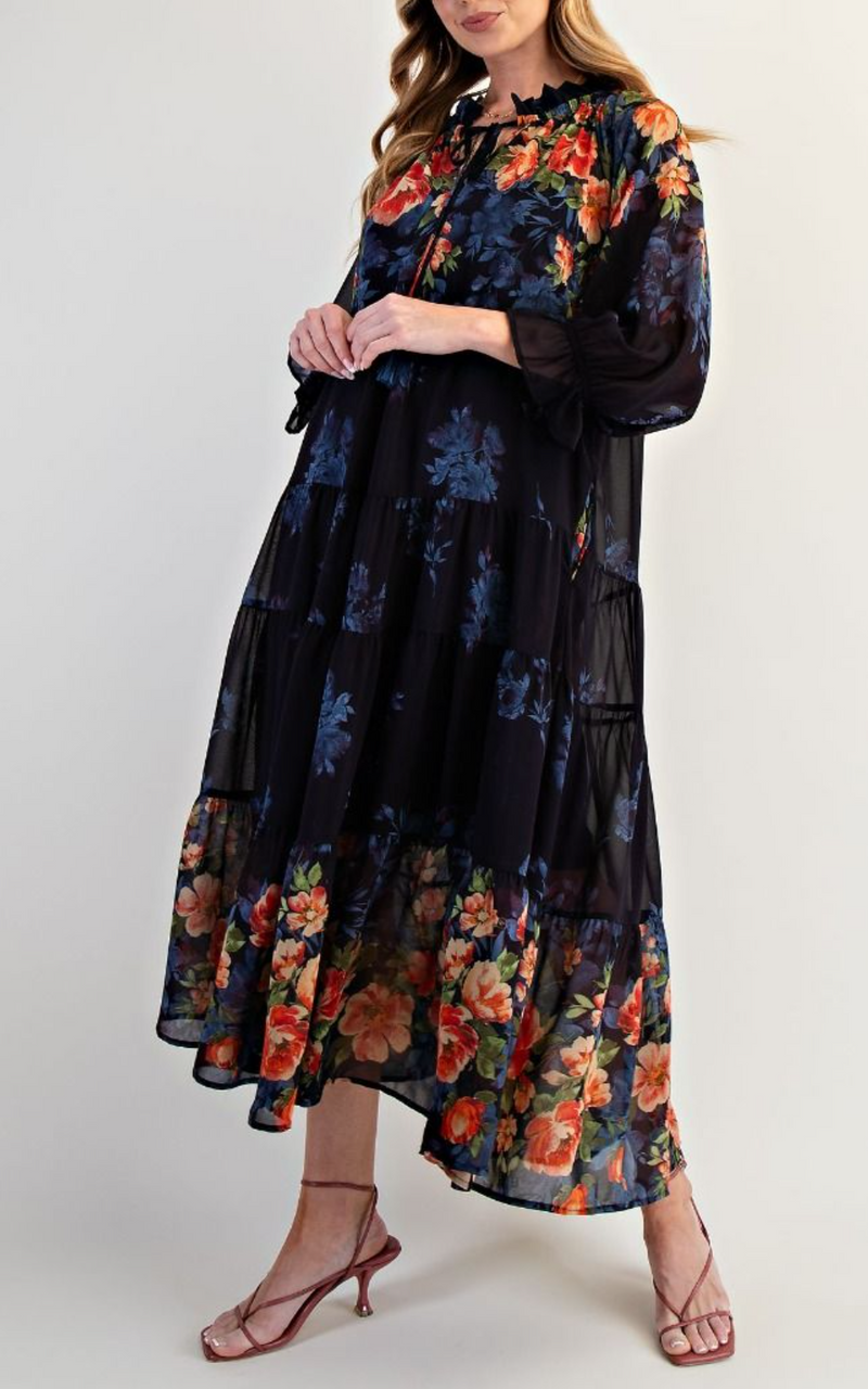 Border Printed Chiffon Maxi Dress