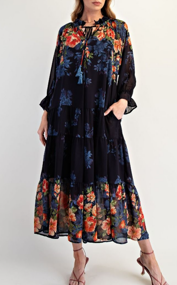 Border Printed Chiffon Maxi Dress