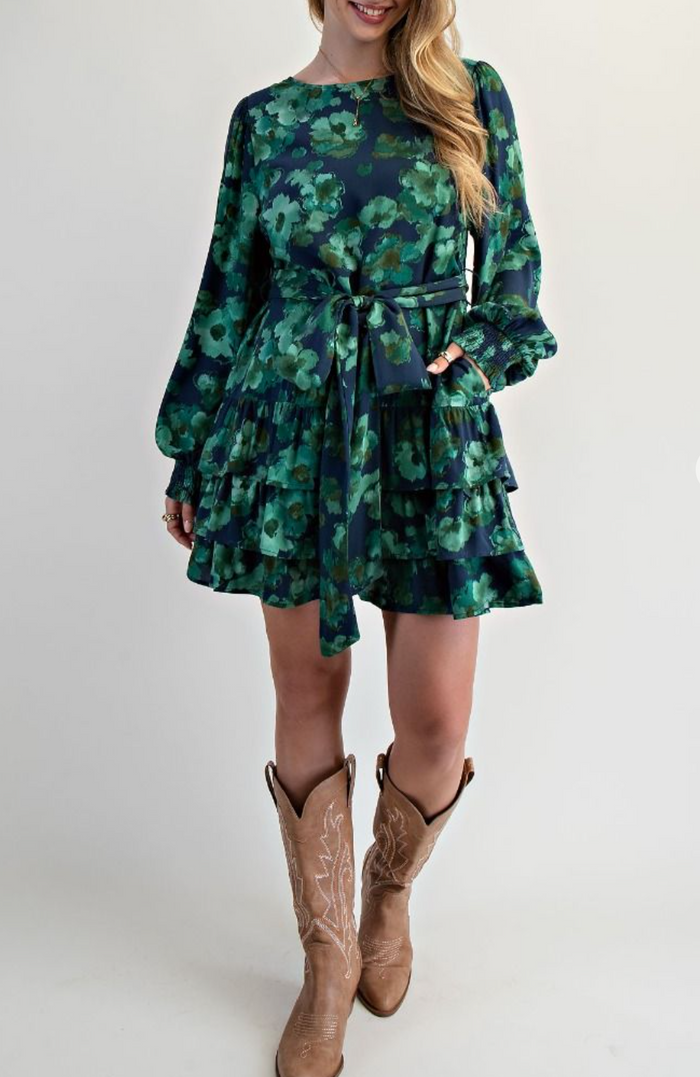 Floral Printed Challis Tie Waisted Dress