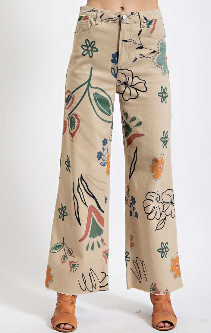 Printed Washed Twill Wide Pants