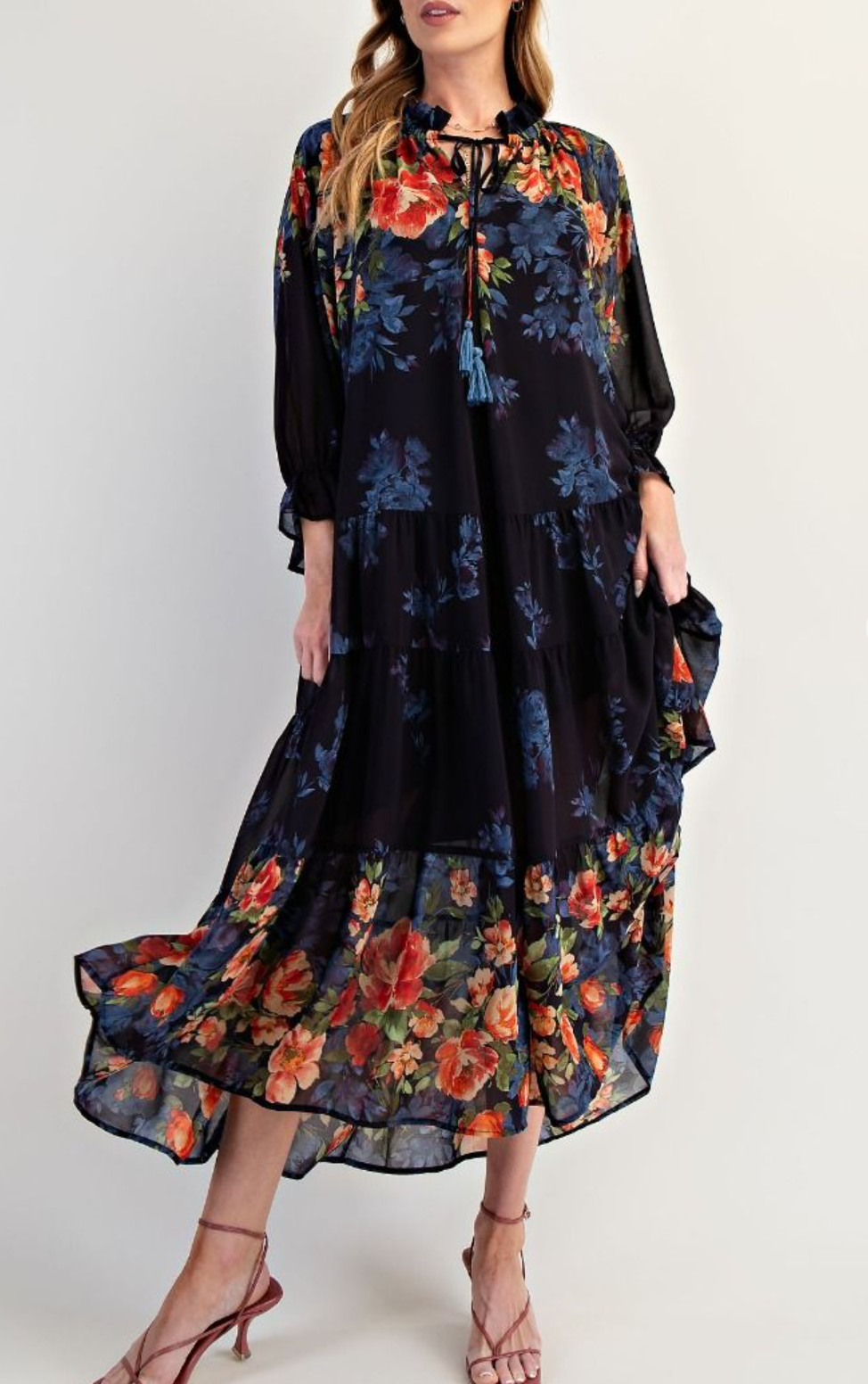 Border Printed Chiffon Maxi Dress