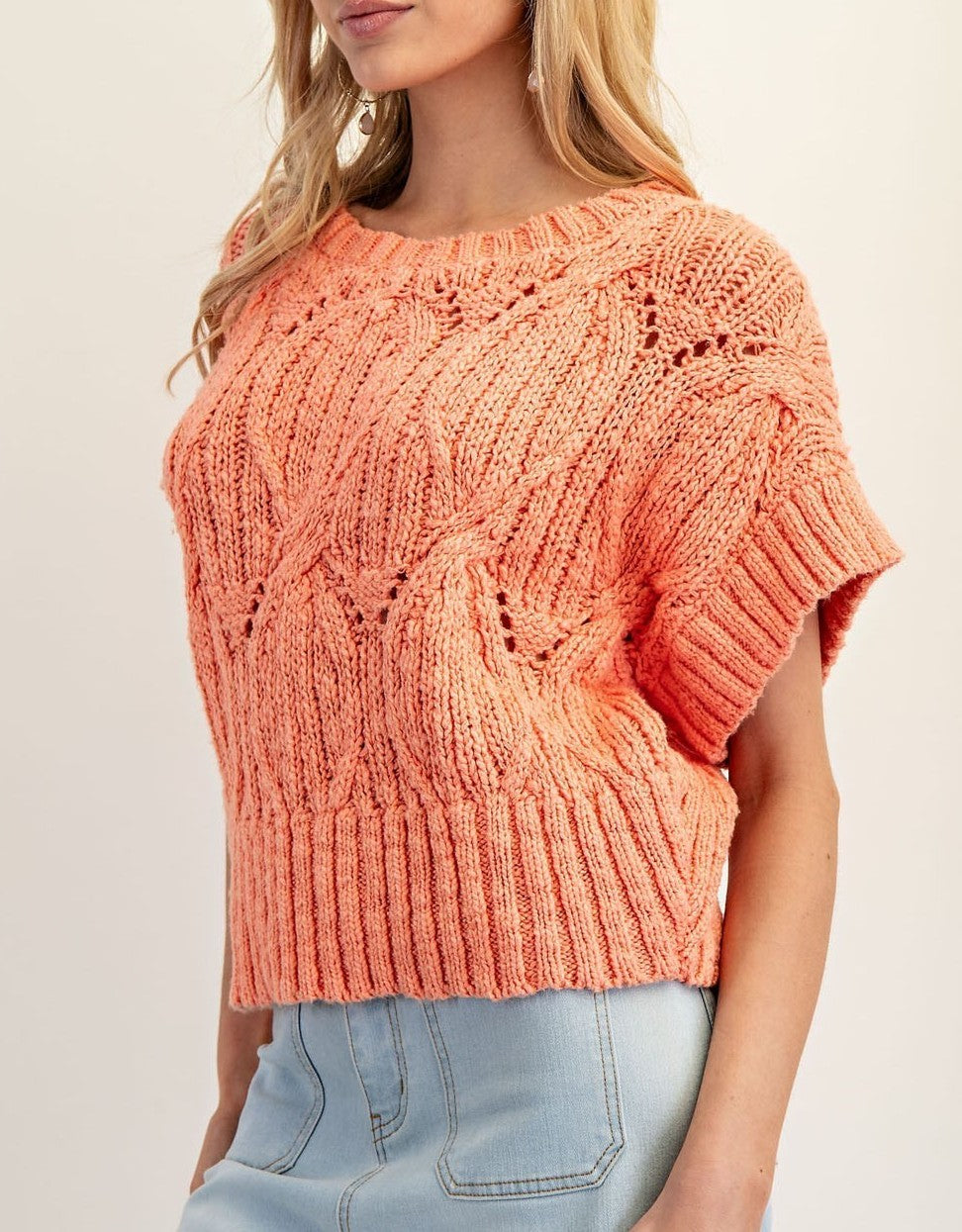 Cable Knit Short Sleeve Sweater Top