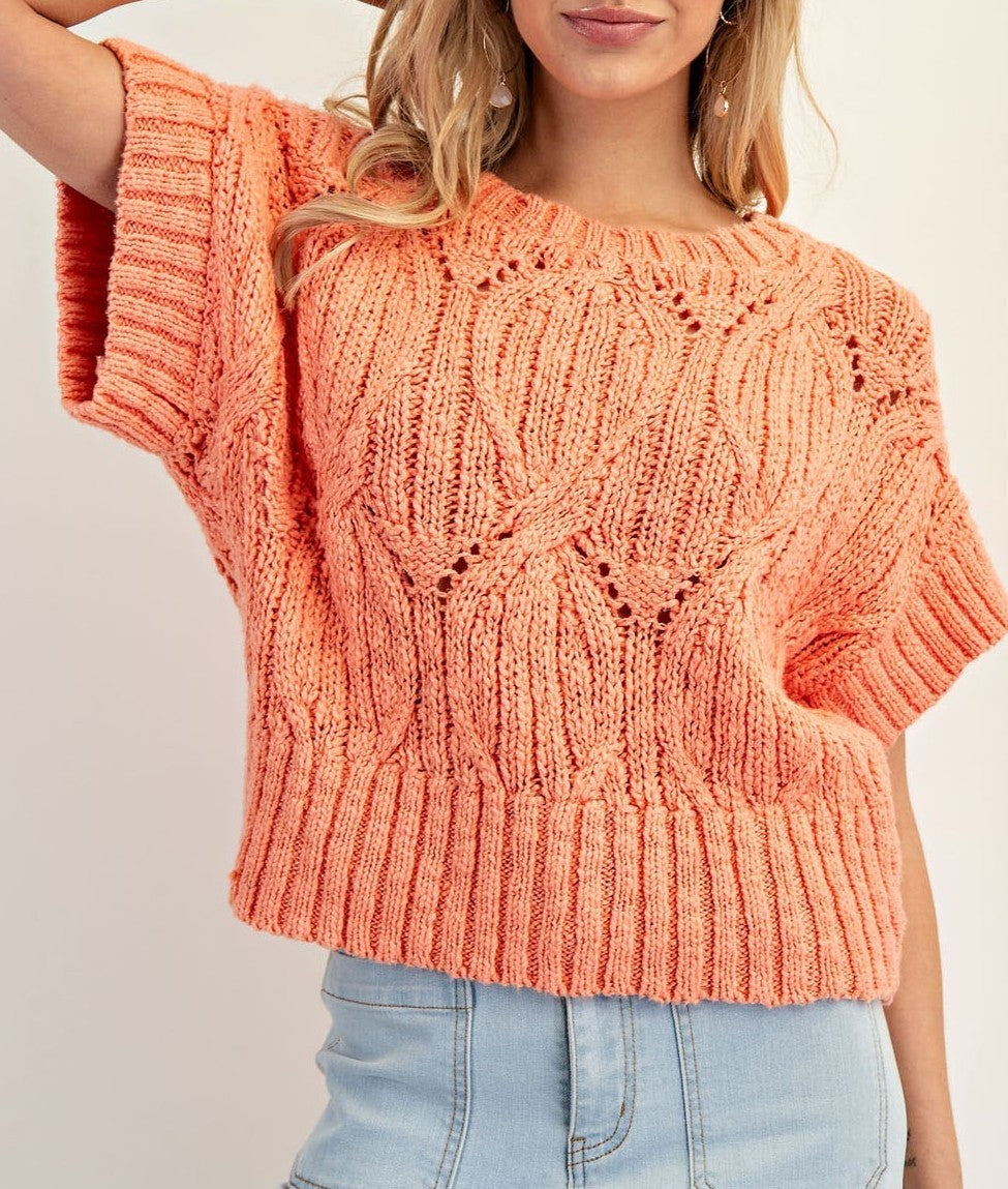 Cable Knit Short Sleeve Sweater Top – Azure & Lavender