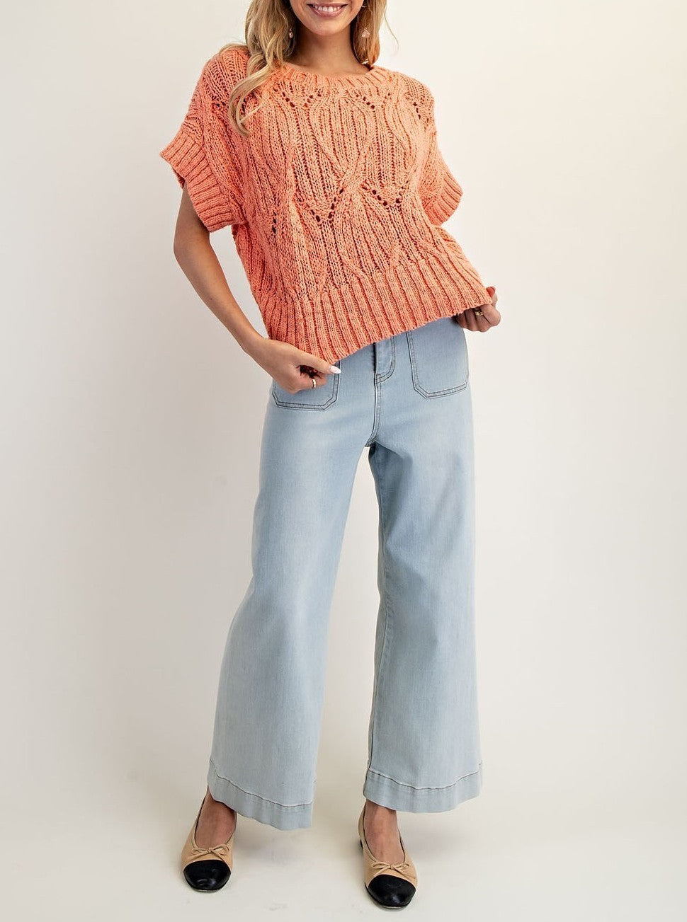 Cable Knit Short Sleeve Sweater Top – Azure & Lavender