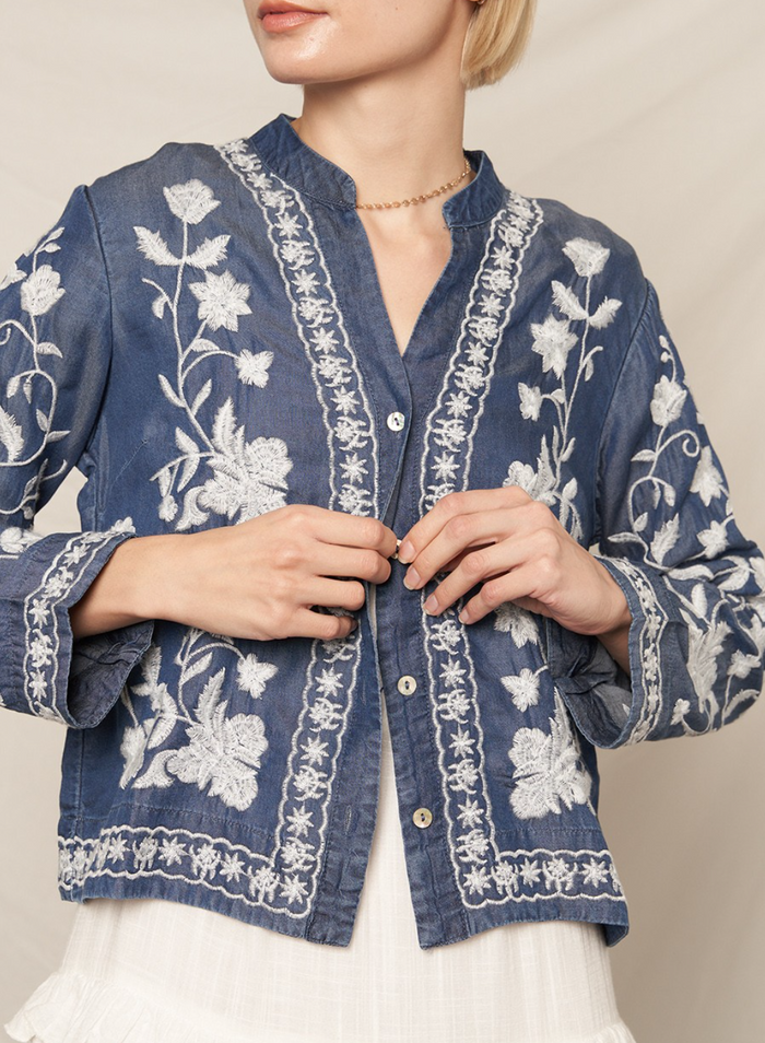 Long Sleeve Embroidered Denim Button Down Top