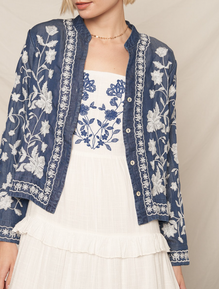 Long Sleeve Embroidered Denim Button Down Top