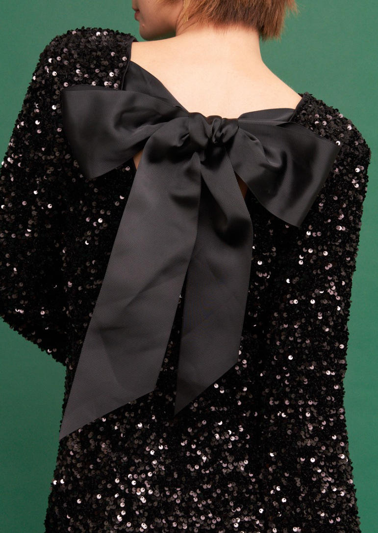 Long Sleeve Sequin Mini Dress With Back Tie Bow