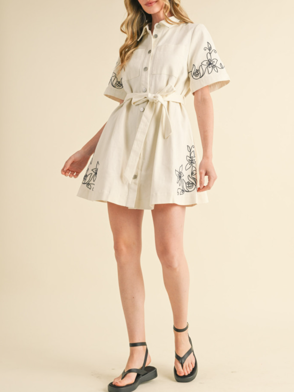Floral Embroidery Denim Shirt Dress
