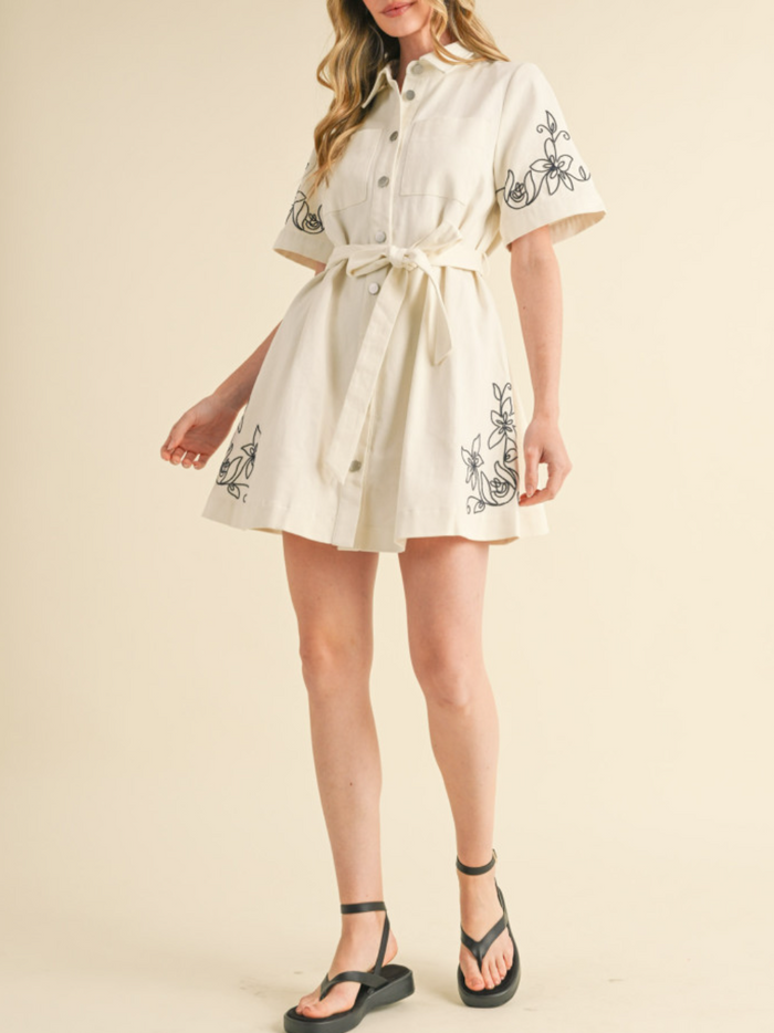 Floral Embroidery Denim Shirt Dress