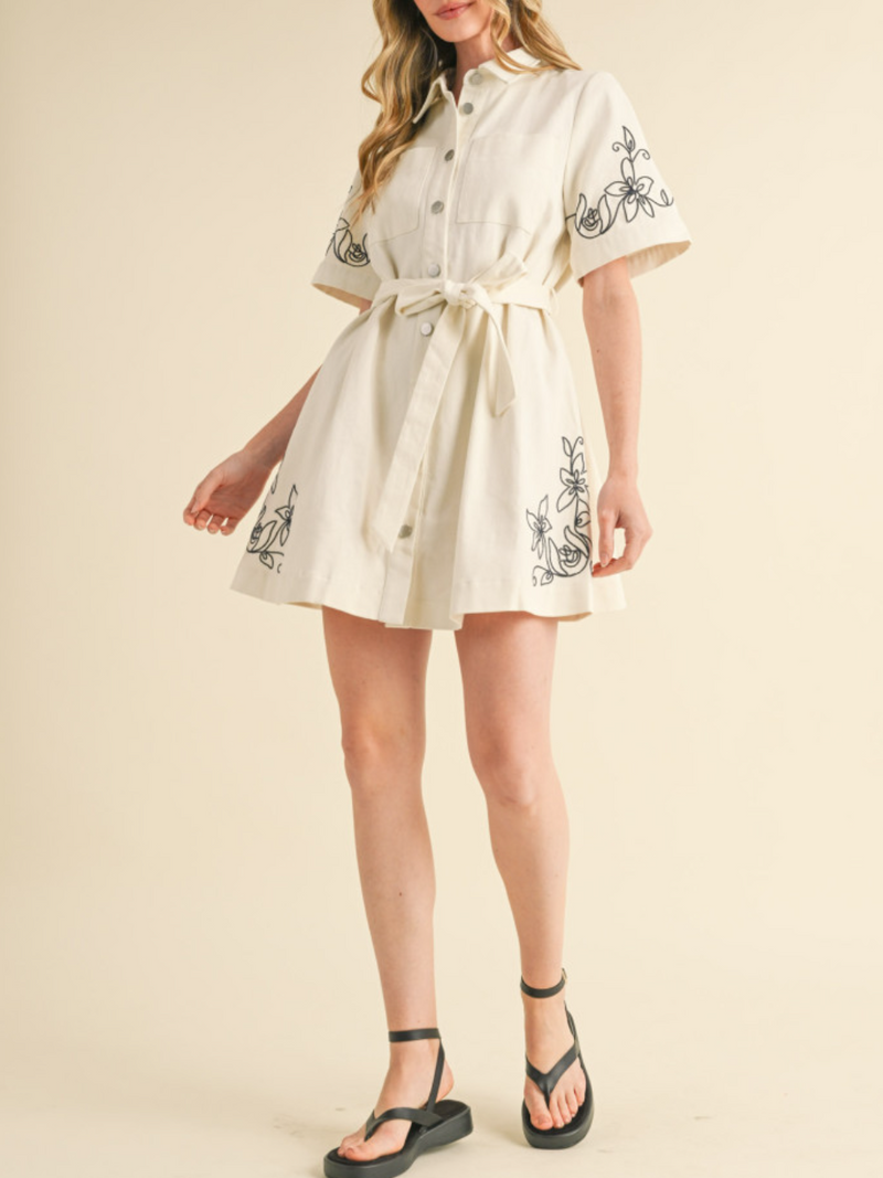 Floral Embroidery Denim Shirt Dress