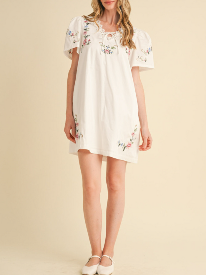 Lace Trim Floral Embroidery Mini Shift Dress