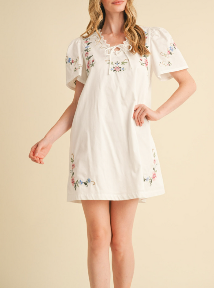 Lace Trim Floral Embroidery Mini Shift Dress