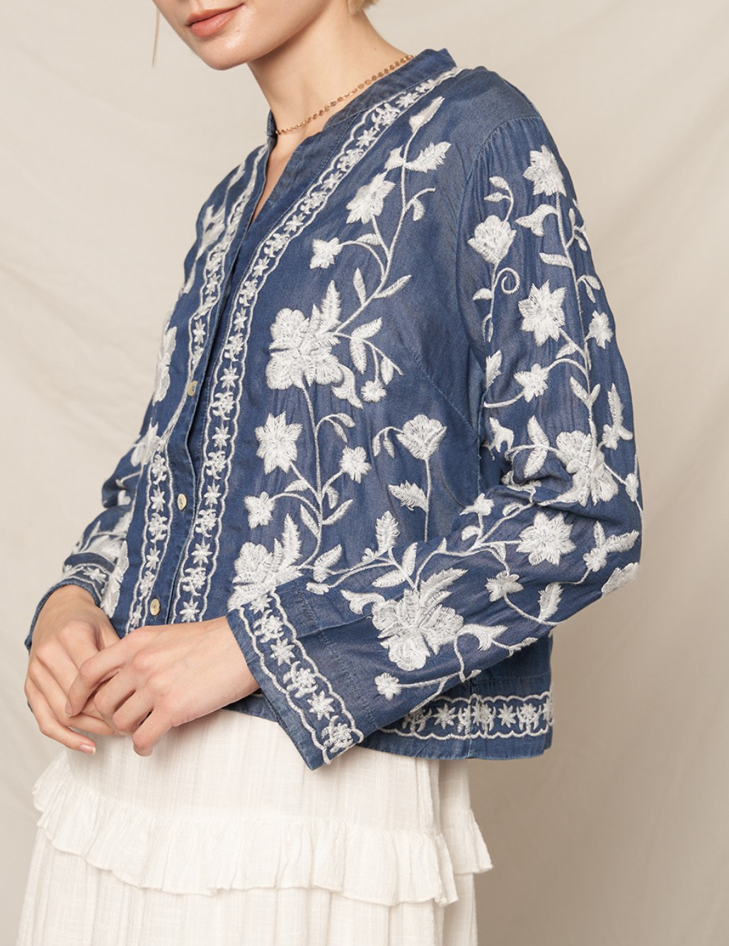 Long Sleeve Embroidered Denim Button Down Top