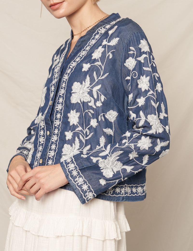 Long Sleeve Embroidered Denim Button Down Top