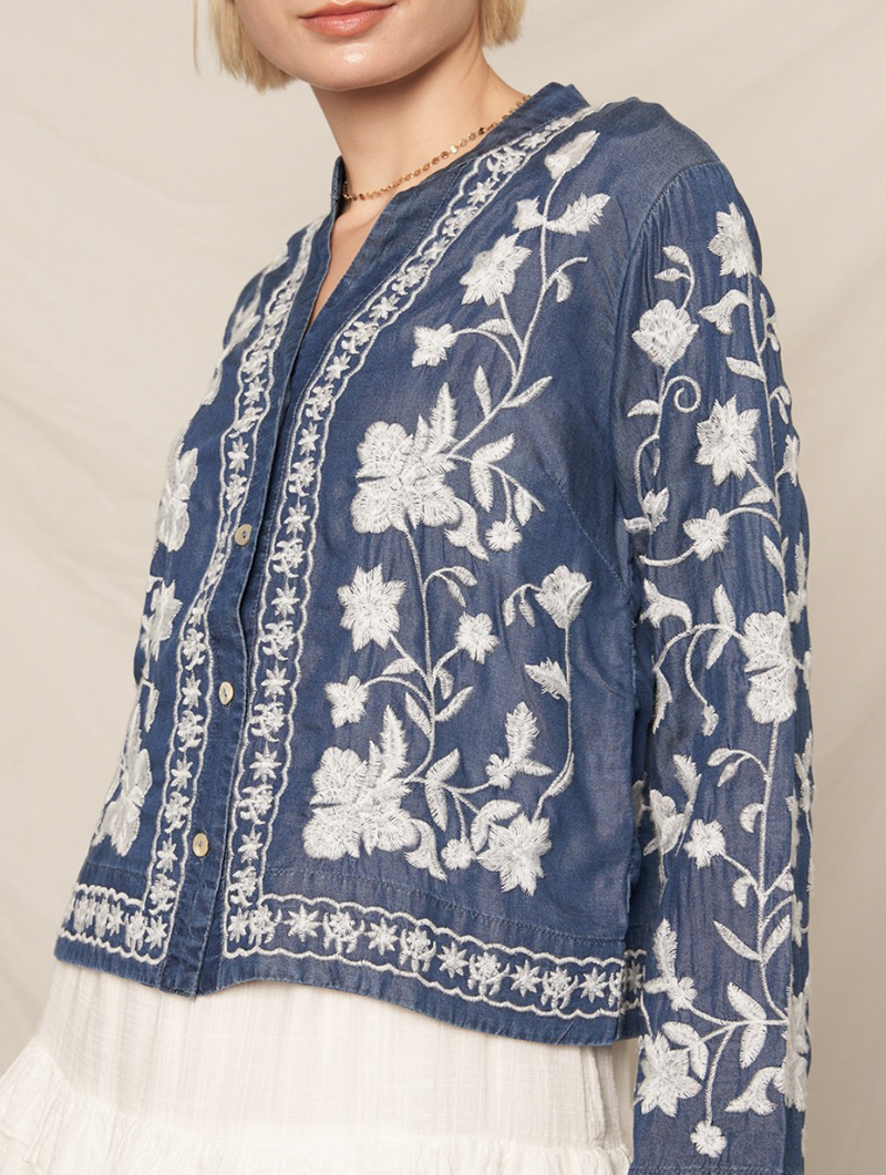 Long Sleeve Embroidered Denim Button Down Top