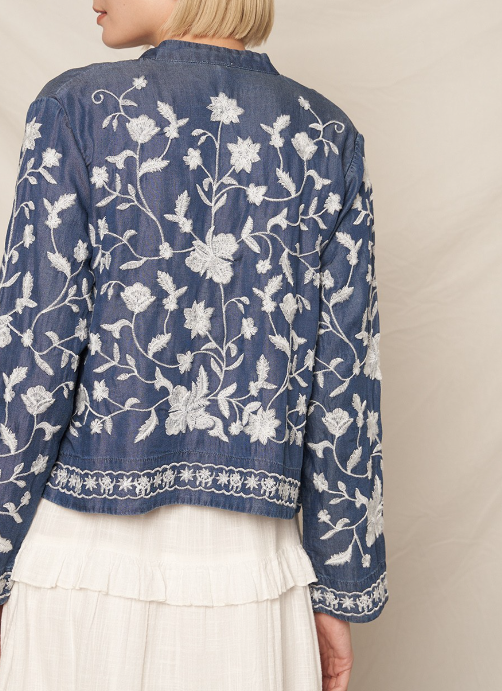 Long Sleeve Embroidered Denim Button Down Top