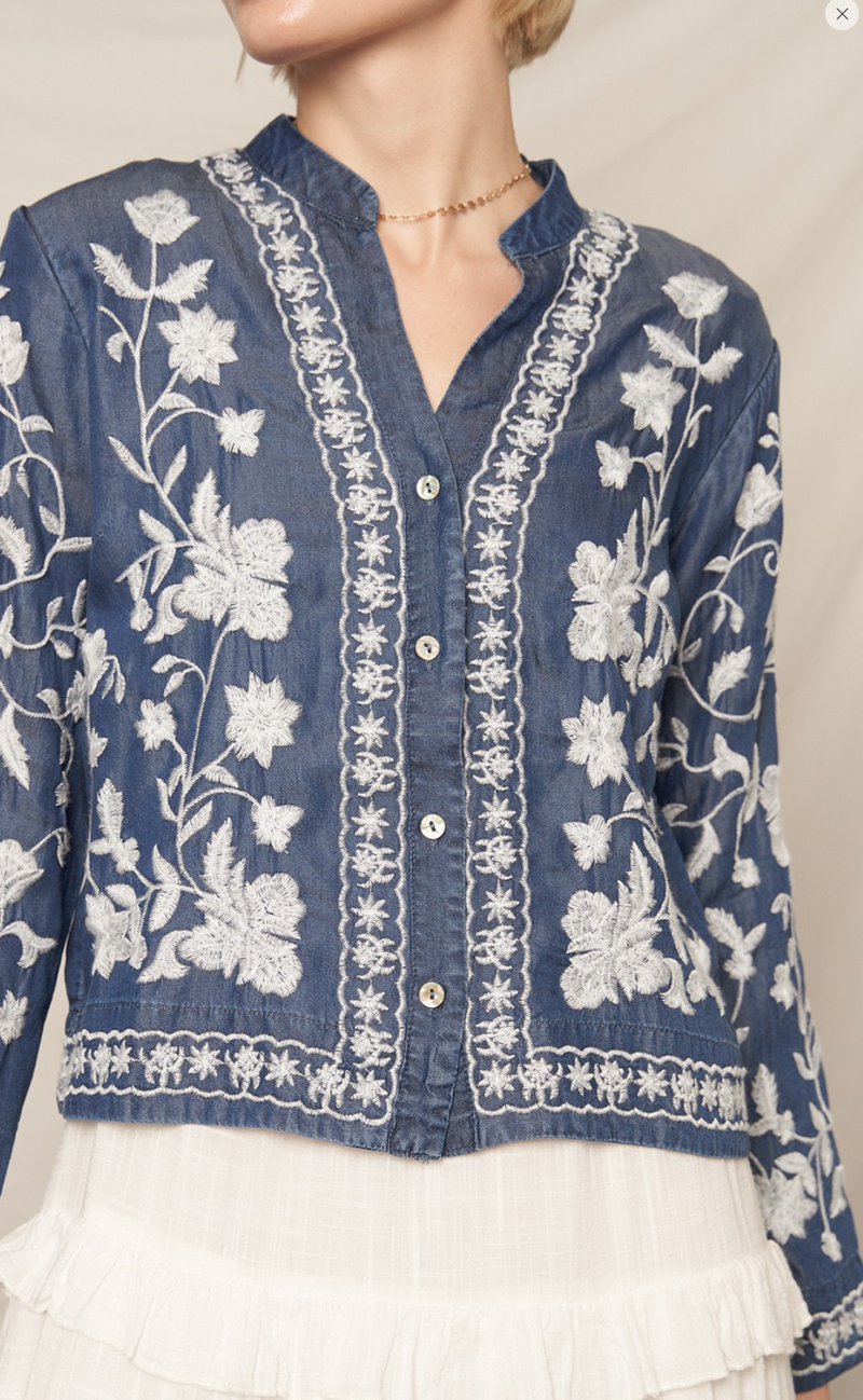 Long Sleeve Embroidered Denim Button Down Top