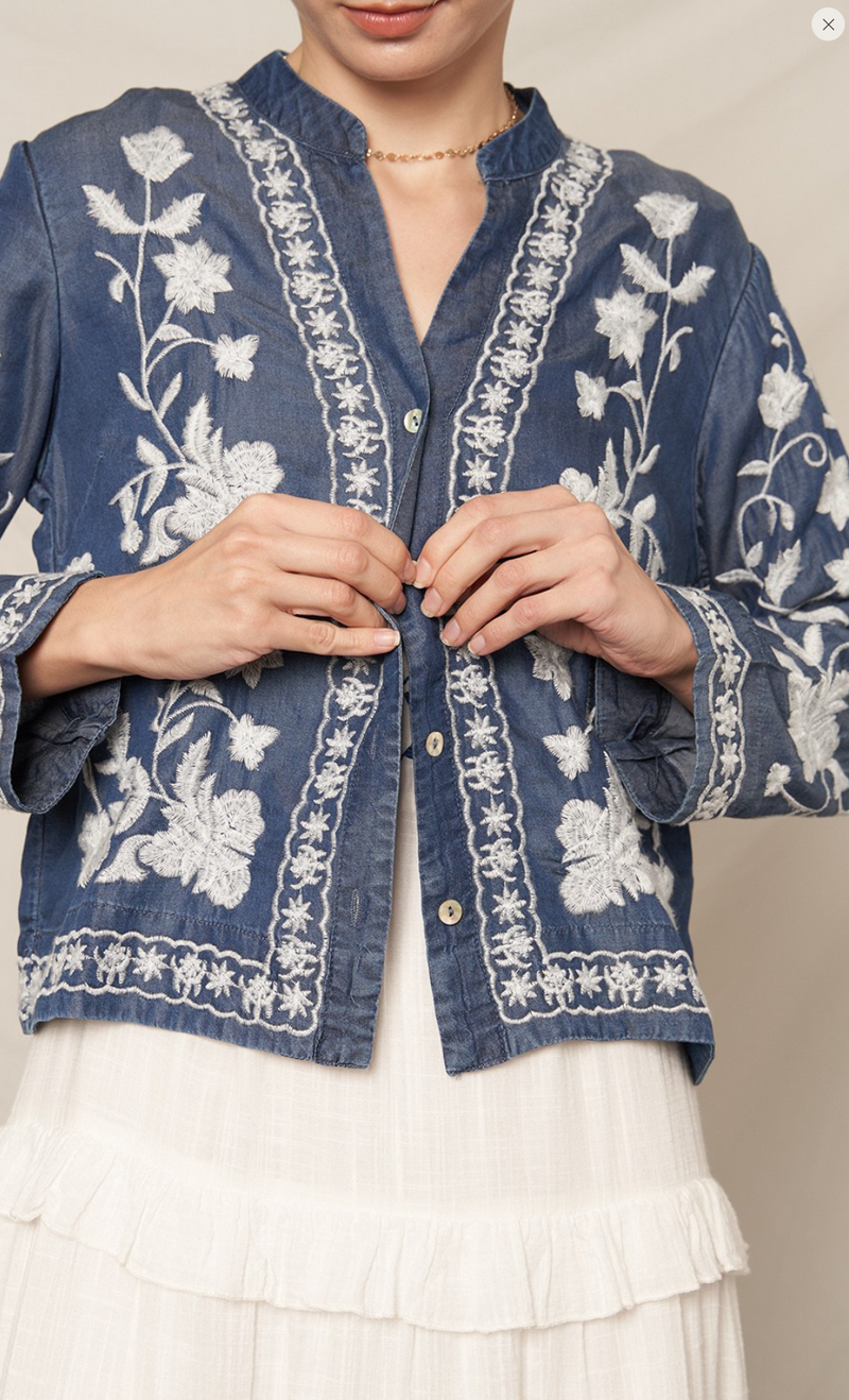 Long Sleeve Embroidered Denim Button Down Top