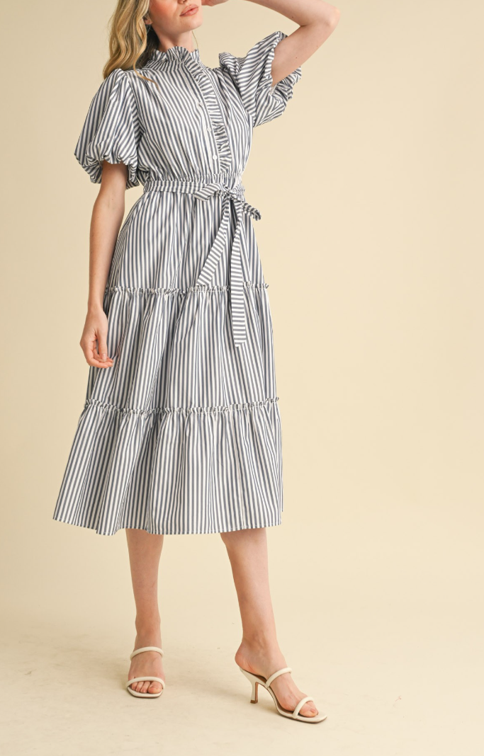 Striped Ruffled Button Down Midi Dress