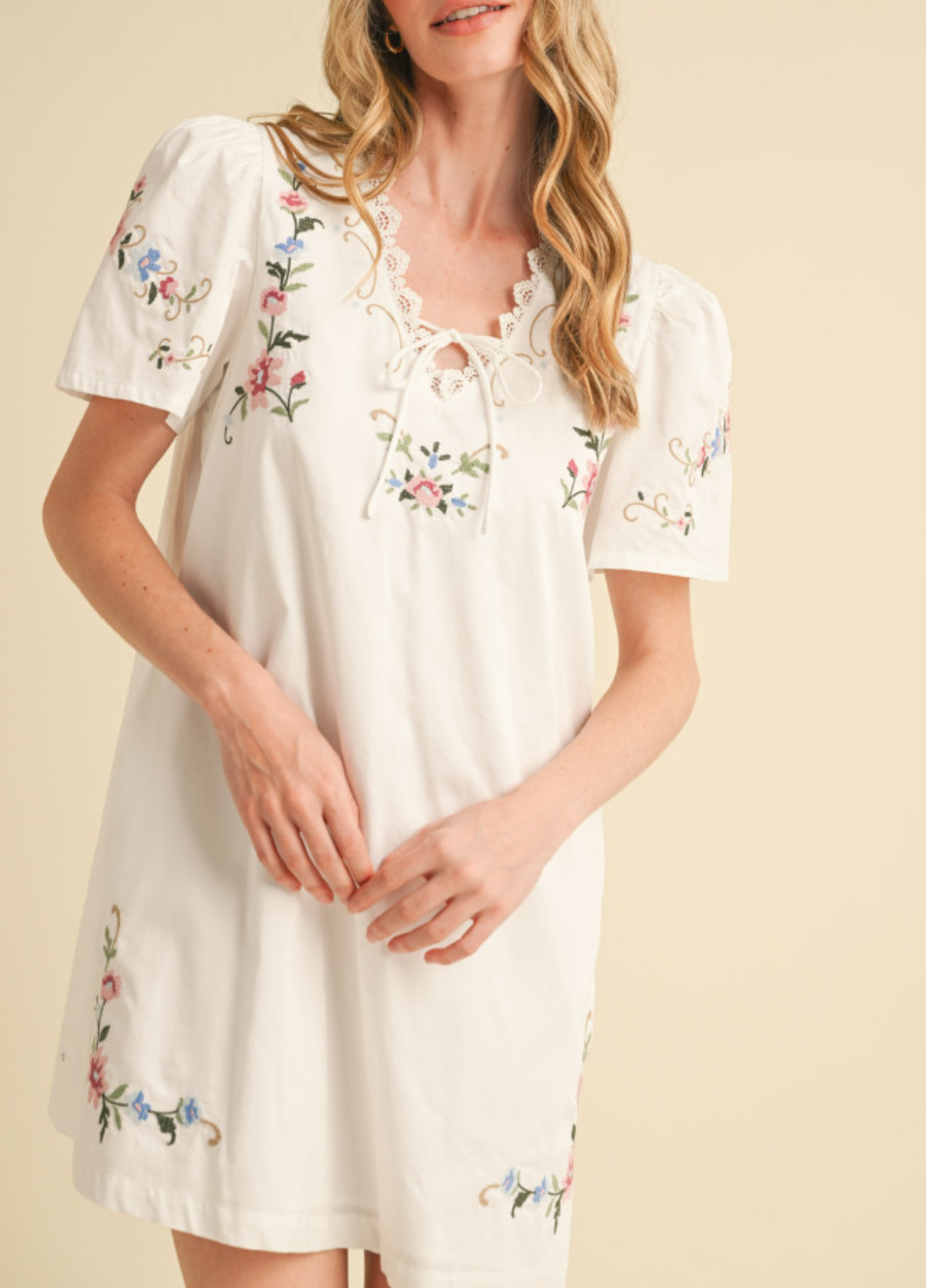 Lace Trim Floral Embroidery Mini Shift Dress