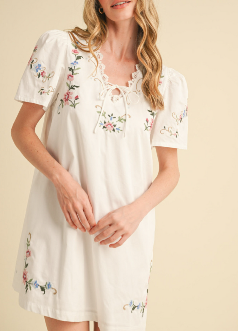 Lace Trim Floral Embroidery Mini Shift Dress